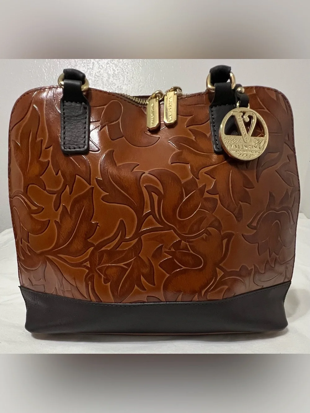 Valentina Italian Leather Cognac Embossed Floral Top Handle Satchel Bag